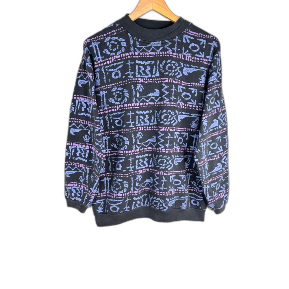 VTG 90s Geometric Crewneck Sweatshirt XL AOP Double Collar Black Purple Retro
